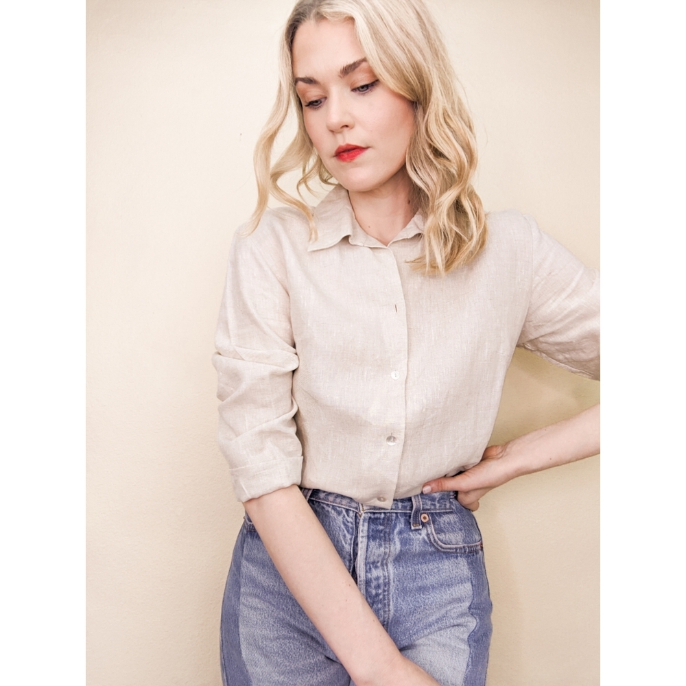 90s Warm Grey Irish Linen 3/4 Sleeve Button Down